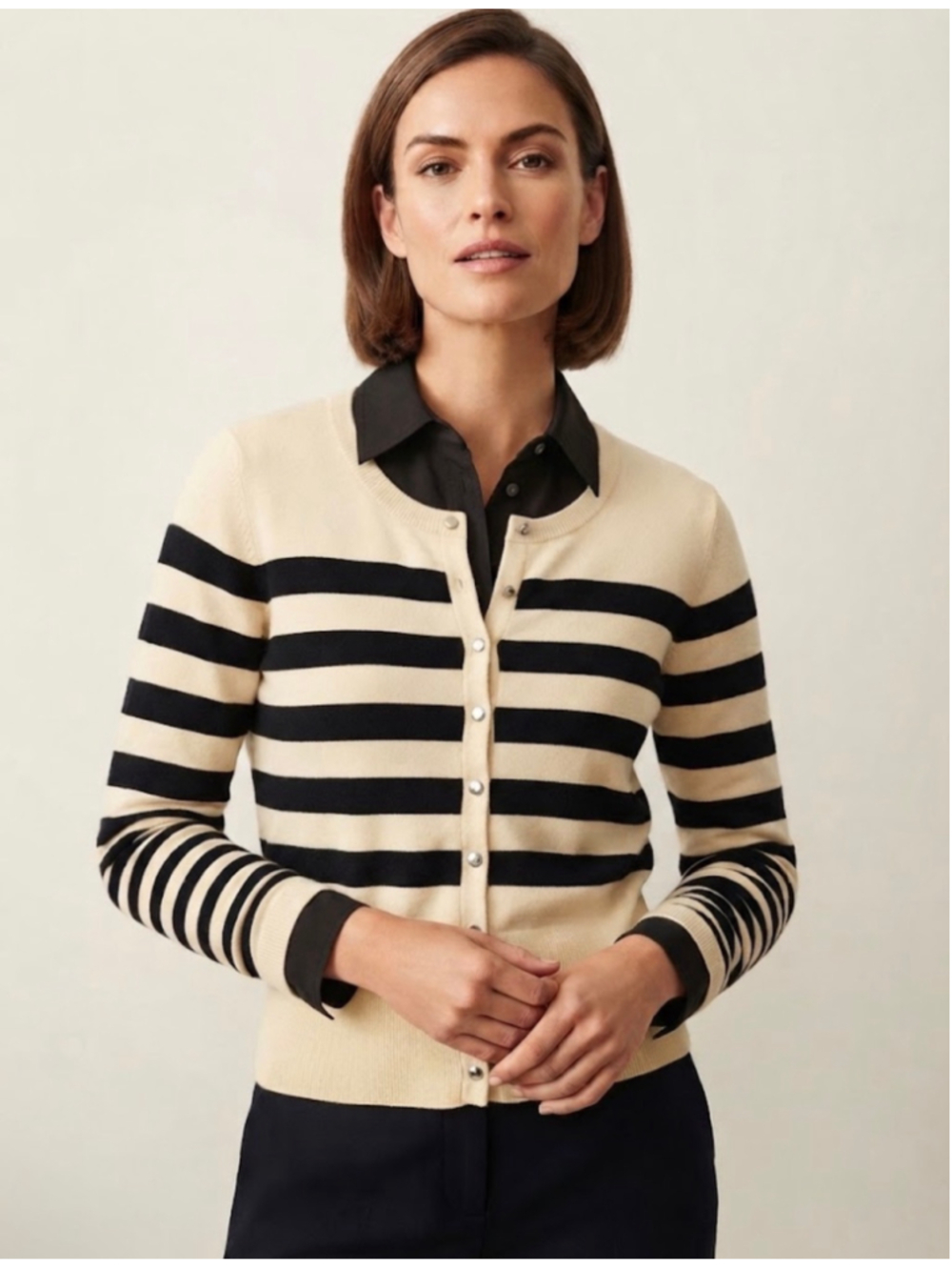 Premise Studio Striped Cardigan Sweater Beige Black Size L